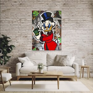 May include: A cartoon illustration of Scrooge McDuck in a red suit and top hat holding a stack of money. The background is a graffiti style pattern with green dollar signs and other cartoon characters.