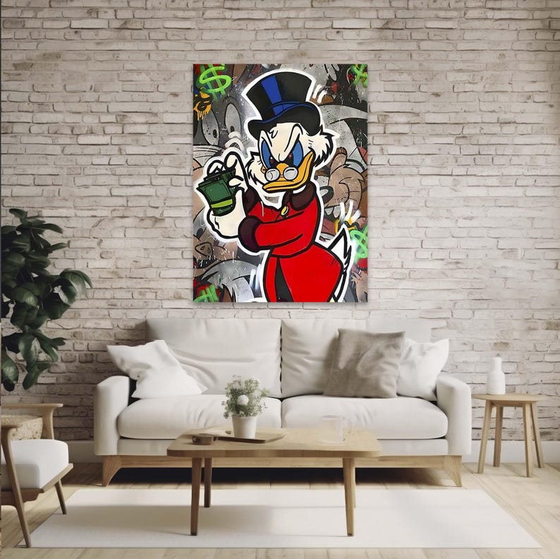 May include: A cartoon illustration of Scrooge McDuck in a red suit and top hat holding a stack of money. The background is a graffiti style pattern with green dollar signs and other cartoon characters.