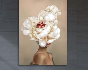 Woman head Peony flowers wall art,Girl Flowers Poster flower woman poster,Woman Flower Bouquet Head, Woman Flowers Art,Feminist art Gift