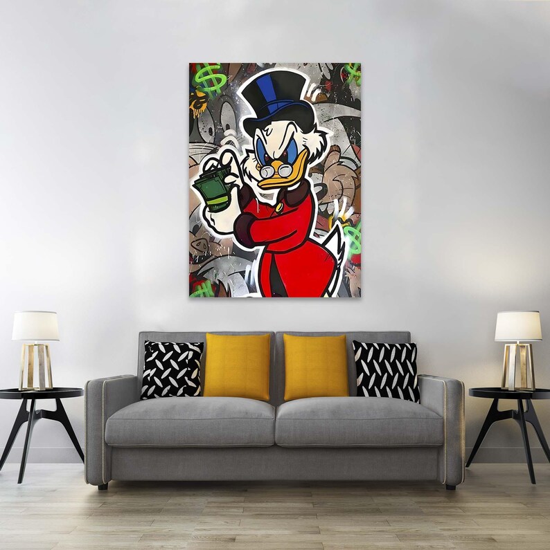 May include: A cartoon illustration of Scrooge McDuck in a red suit and top hat holding a stack of money. The background is a colorful graffiti style design with dollar signs and other abstract shapes.