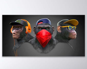3 Monkeys Canvas, Three Monkey Wall Art,3 Monkeys Poster Art,Animal Print Canvas, No See No Hear No Speak, Living Room Canvas,Monkeys Canvas