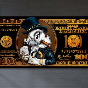 Lienzo de dibujos animados de patos, lienzo con billetes de 100 dólares, arte de pared de patos ricos, arte de pared de dólares, arte de lienzo de patos de dinero, arte de pared de dibujos animados, decoración de regalo de oficina