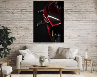 Arte de parede de superbike vermelha, impressão em tela de motocicleta moderna, pôster de motocicleta inspirado na Ducati, decoração de parede de moto esportiva para garagem