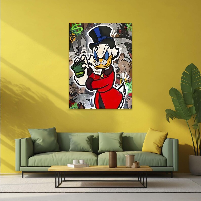 May include: A cartoon illustration of a duck wearing a top hat and red jacket holding a stack of money. The background is a graffiti style pattern with green dollar signs.