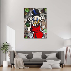 May include: A cartoon illustration of a duck wearing a red coat and a top hat holding a stack of money. The duck has a serious expression and is surrounded by dollar signs and other cartoon characters.