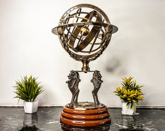 18 inch Brass Armillary With Working Compass, Lion Brass Armillary Sphere Astrolabe Nautical Marine Tabletop Armillary Sphere Globe