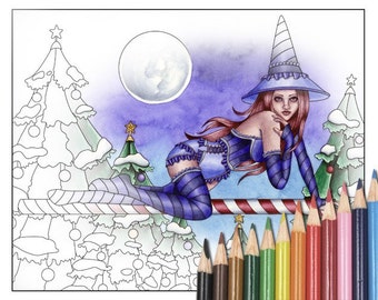 Digital Stamp - Printable Coloring Page - Fantasy Art - Witch Stamp - Belle Version 2 - by Nikki Burnette - PERSONAL USE