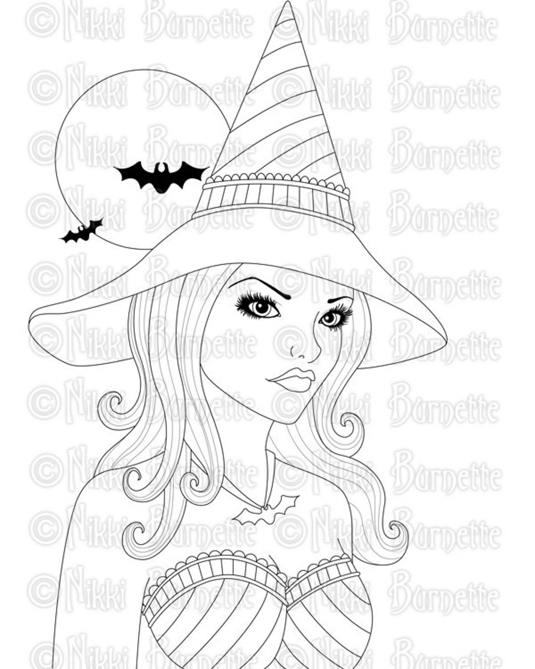Digital Stamp Printable Coloring Page Fantasy Art Witch Stamp Adult