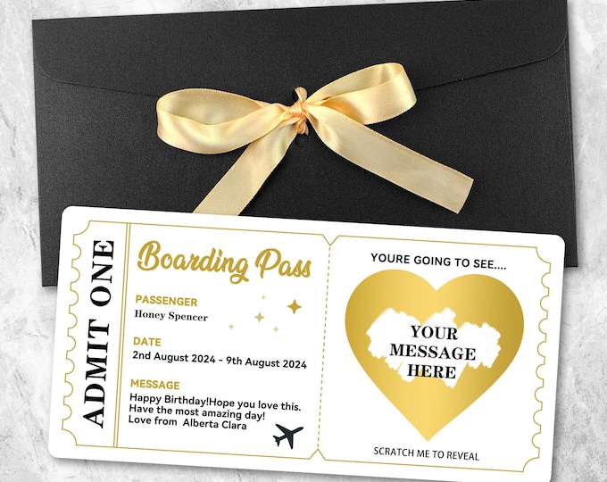 Carte d'embarquement à gratter, Carte d'embarquement surprise personnalisée à gratter, Destination de vacances surprise, Billet surprise cadeau pour les fêtes