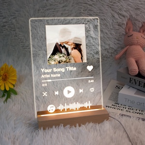 Op de afbeelding: Een transparante muziekspeler van acryl met een foto van een stel, een harticoon en een afspeelknop. De tekst "Your Song Title" en "Artist Name" wordt op het scherm weergegeven. De muziekspeler staat op een houten voet.