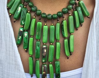 Ecuadorian Green Tagua Jewellery Set | Bib Necklace & Earrings | Unique, Eco-Friendly, Sustainable, Elegant, and Vibrantly Colourful