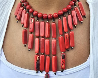 Ecuadorian Red Tagua Jewellery Set | Bib Necklace & Earrings | Unique, Eco-Friendly, Sustainable, Elegant, and Vibrantly Colourful Jewellery
