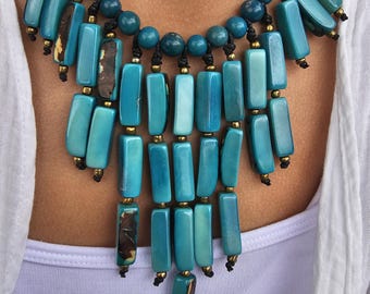 Ecuadorian Blue Tagua Jewellery Set | Bib Necklace & Earrings | Unique, Eco-Friendly, Sustainable, Elegant, and Vibrantly Colourful