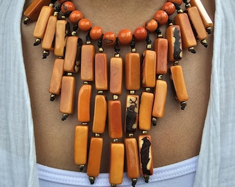 Ecuadorian Orange Tagua Jewellery Set | Bib Necklace & Earrings | Unique, Eco-Friendly, Sustainable, Elegant, Vibrantly Colourful Jewellery