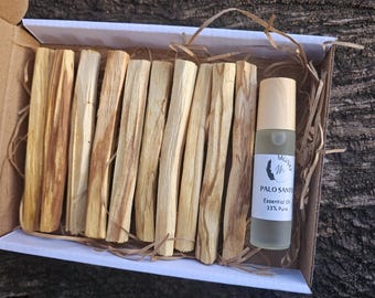 Palo Santo Essential Set - Palo Santo Oil Roller 10ml & 10 x Organic Ecuadorian Palo Santo Sticks (+/- 80g) Natural Perfume and Incense