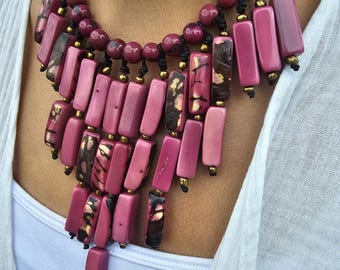 Ecuadorian Pink Tagua Jewellery Set | Bib Necklace & Earrings | Unique, Eco-Friendly, Sustainable, Elegant, and Vibrantly Colourful