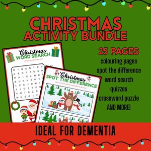 Op de afbeelding: Een kerstactiviteitenbundel met een groene achtergrond. De bundel bevat 25 pagina's met kleurplaten, zoek de verschillen, woordzoekers, quizzen en een kruiswoordpuzzel. De tekst "Christmas Activity Bundle" is rood en groen.