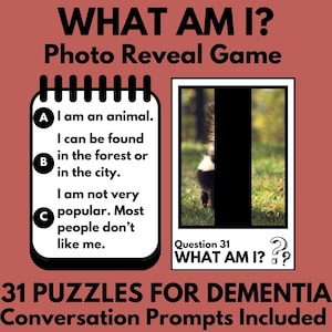 May include: A photo reveal game for dementia with 31 puzzles. The game features a black and white photo of a skunk with the text "Question 31 WHAT AM I?" and a list of clues: "I am an animal. I can be found in the forest or in the city. I am not very popular. Most people don't like me."