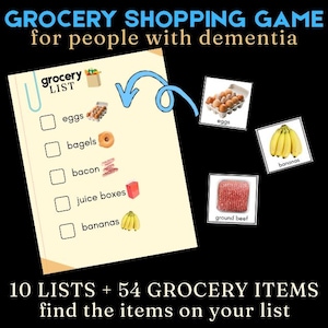 Può includere: Un gioco di shopping per persone con demenza. Il gioco include una lista della spesa con articoli come uova, bagel, pancetta, succhi di frutta e banane. Il gioco include 10 liste e 54 generi alimentari. Il testo dice: "trova gli articoli sulla tua lista."