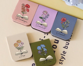 Name Bookmark with Birth Flower,Custom LeatherBookmark,Personalized Magnetic Bookmark,Book Lover Birthday Gift,Book Accessory, Wedding gift