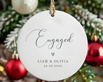 Personalized Engagement Ornament, Engaged Couple Keepsake, Ceramic Christmas Decoration