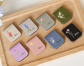 Personalized Birth Flower Bookmark, Leather Magnetic Bookmark, Name Bookmark for Bridesmaid, Book Lover Birthday Gift Book Accessory for Her