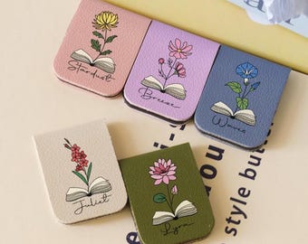 Custom Birth Month Flower Bookmark, Floral Magnetic Leather Bookmark, Personalized Magnetic Bookmark,Book Lover Birthday Gift, Wedding gift