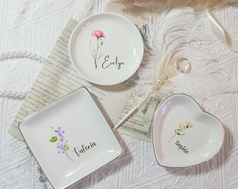 Personalized Jewelry Dish,Birth Watercolor Flower Ring Dish,Bridesmaid Gifts,Birth Month Trinket Dish,bridesmaid proposal,Gift for mom
