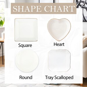 May include: A shape chart displays four white ceramic plates: square, heart, round, and tray scalloped. Each plate has a gold trim. The text "SHAPE CHART" is at the top. The plates are on a white surface.
