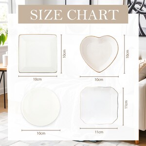 May include: A size chart displays four white ceramic plates with gold trim. The plates include a square, a heart-shaped, a round, and a scalloped square design. Measurements are in centimeters, with the largest plate being 4.3 inches.