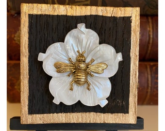 Buy Gift for Bee Lover | Gold Bee, White Mother of Pearl Flower, Wooden Art, Handcrafted Home Decor | Beekeeper Gift