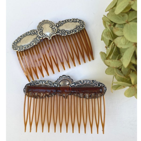 Set of 2 Tortoise Combs Embellished with Vintage Silver | Gift for Her