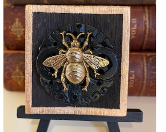 Buy Gift for Bee Lover | Gold bee on Carved Jade, Bourbon Barrel Wooden Art, Handcrafted Home Decor