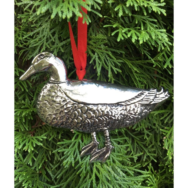 Adorno navideño de pato plateado grande hecho a mano / Regalo para cazadores