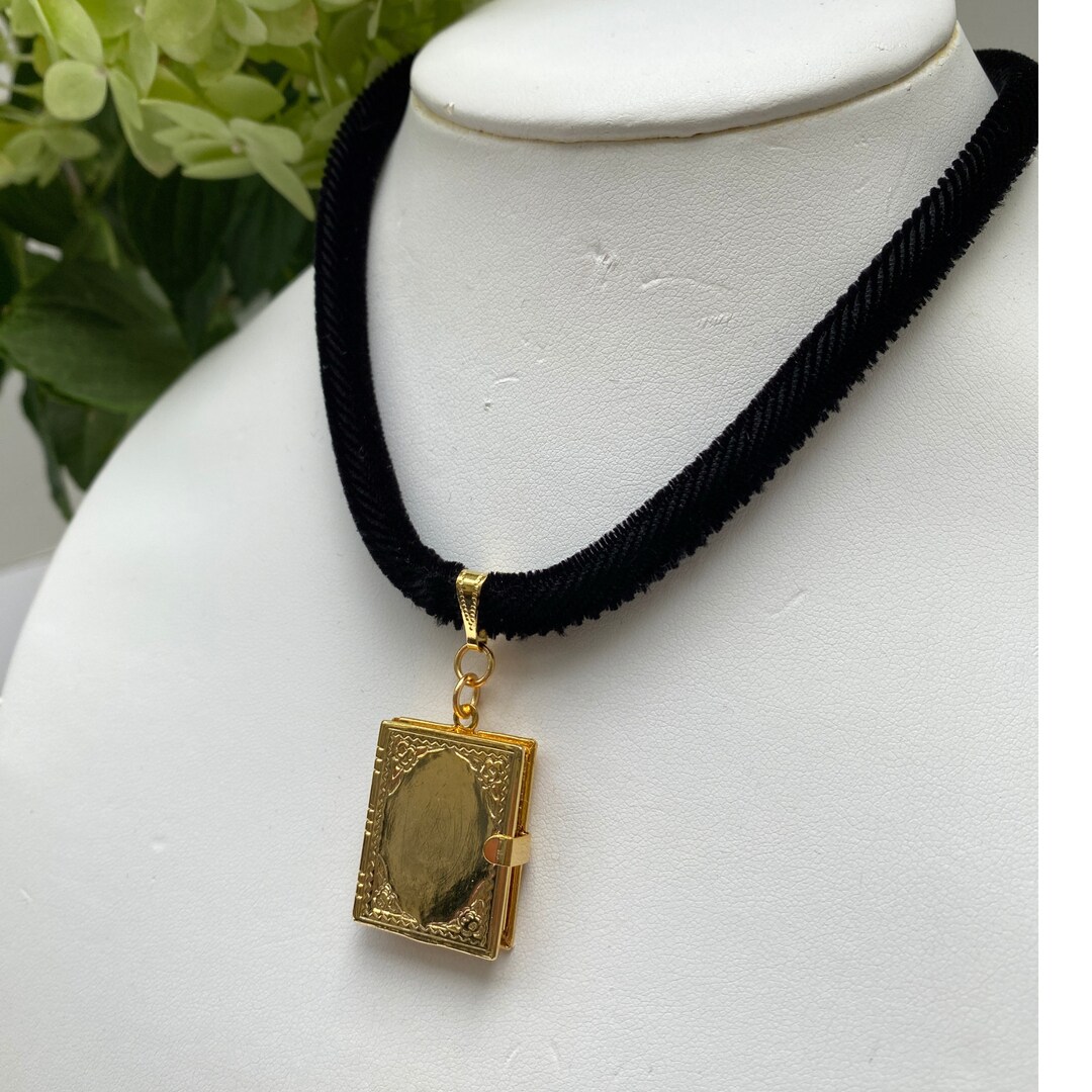 Gold Book Locket Necklace on Black Velvet Cord Gift for Her Etsy