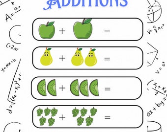 Math Worksheets, Kindergarten & Preschool Printable, Basic Addition and Subtraction Pages, Distance Learning, Home-school Binders(Fruits)