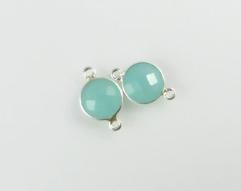 17mm Aqua Chalcedony Bezel Gemstone Connector, Round Faceted, Sterling Silver - Matching Pair (CN692)