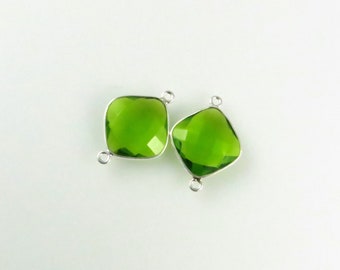 22mm - 23mm Peridot Bezel Gemstone Connector, Diamond, Faceted, Sterling Silver - Matching Pair (CN703)