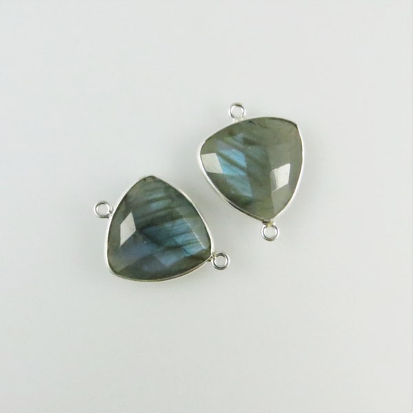 25mm Labradorite Gemstone Bezel Connector, Trillion, Faceted, Sterling Silver - Matching Pair (CN268)