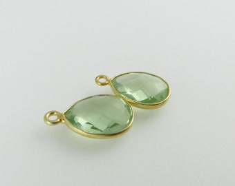 16mm Green Amethyst Bezel Drop, Droplet, Faceted, Gold Vermeil - Matching Pair - Perfect for Earrings (CN516)