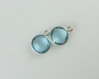 14mm Aquamarine Bezel Drop, Round, Faceted, Sterling Silver - Matching Pair - Perfect for Earrings (CN630)