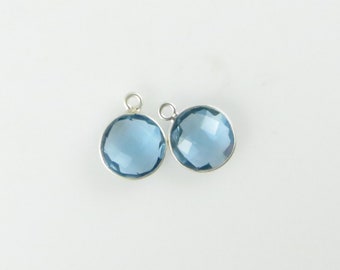 14mm Denim Blue Topaz Bezel Drop, Round, Faceted, Sterling Silver - Matching Pair - Perfect for Earrings (CN624)