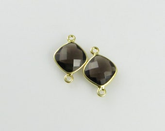 18mm - 19mm Smoky Quartz Bezel Gemstone Connector, Diamond, Faceted, Gold Vermeil - Matching Pair (CN698)