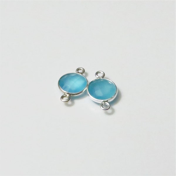 15mm Blue Chalcedony Bezel Connector, Round, Faceted, Sterling Silver - Matching Pair (CN306)