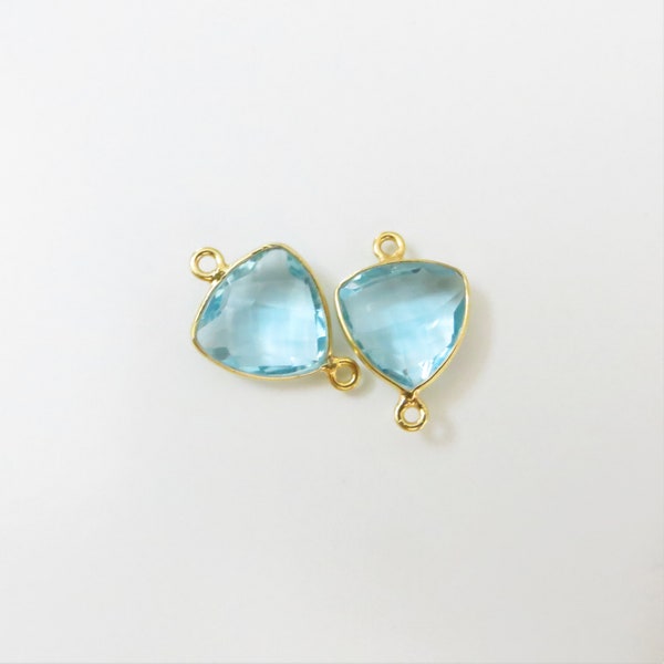 19mm Aquamarine Bezel Gemstone Connector, Trillion, Faceted, Gold Vermeil - Matching Pair (CN373)