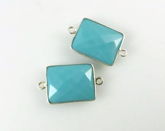 Conectores de bisel doble turquesa de 19 mm a 20 mm, facetados rectangulares, plata de ley, anillos cerrados: dos (2) piezas a juego (CN858)