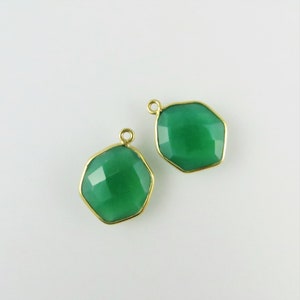 20mm Green Onyx Bezel Gemstone Drop, Hexagon, Faceted, Gold Vermeil - Matching Pair (CN264)