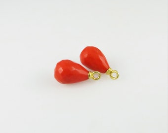 12mm Red Coral Drop, Teardrop, Faceted, Gold Plated - Matching Pair (CN440)