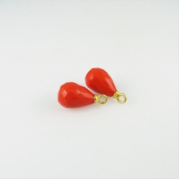 12mm Red Coral Drop, Teardrop, Faceted, Gold Plated - Matching Pair (CN440)