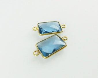 21mm - 22mm Denim Blue Topaz Bezel Gemstone Connector, Rectangle, Faceted, Gold Vermeil - Matching Pair (CN499)